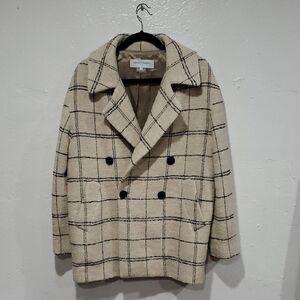 Gerard Darel Double-Breasted Womens Windowpane Boucle Wool Pea Coat Size 36 Or 4